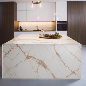 Plan de Travail Cuisine Quartz Calacatta Miraggio Gold