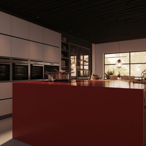 Plan de Travail Cuisine Quartz – “Red Shimmer”