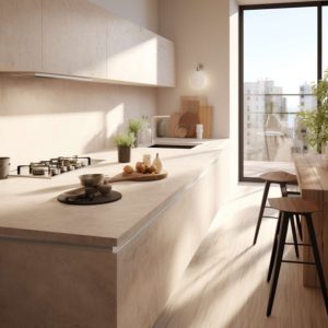 plan de travail cuisine en céramique beige