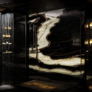 salle de bain marbre noir or