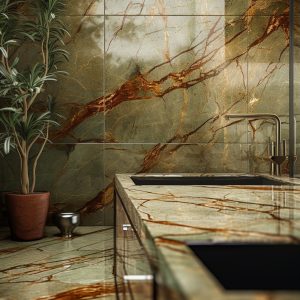 salle de bain marbre foret tropical