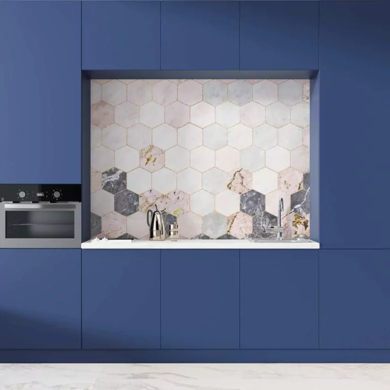 credence cuisine marbre motif carreaux hexagonaux roses