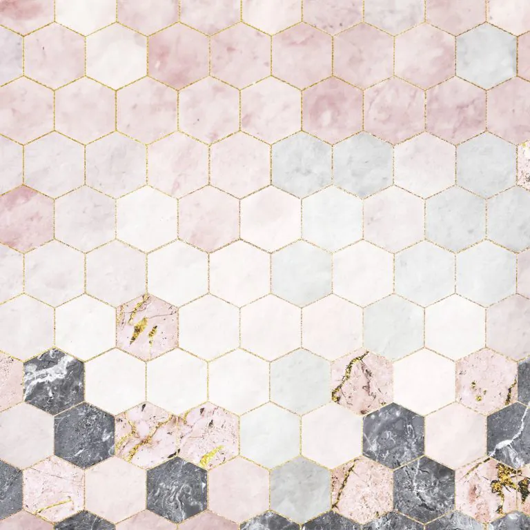 credence cuisine marbre motif carreaux hexagonaux roses