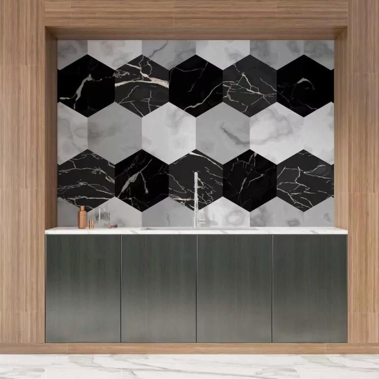 credence cuisine marbre motif hexagonal noir gris et blanc