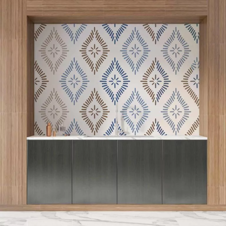 credence cuisine motif batik bleu et marron