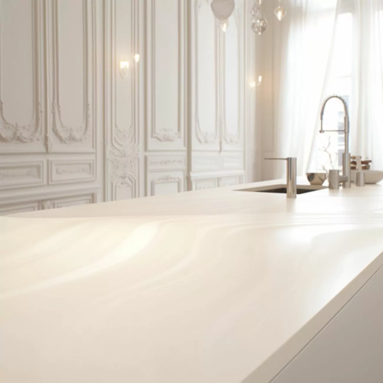 Ilot Central de Cuisine En Corian – “Onyx Blanc”