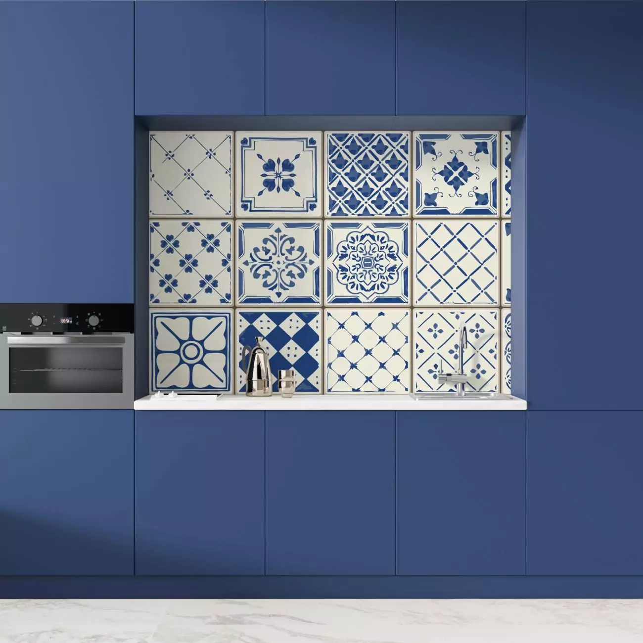 Crédence de cuisine “motif design carreaux bleu”